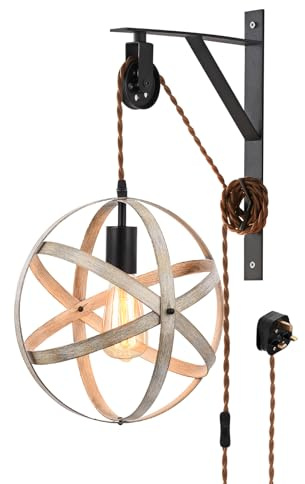 KEESFU Plug in Wall Light with Pulley Height Adjustment, 3.5M Cable & On/Off Switch, Retro Wood Grain Metal Wall Lamp for Bedroom Living Room (Bulb Not Included), E27 Socket