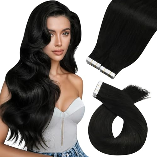 Moresoo Black Tape in Hair Extensions Human Hair 100g Tape Hair Extensions Real Human Hair Natural Black for Women Remy Human Hair Invisible Double-Sided Tape-In Extensions Long 26 Inch 40pcs #1B