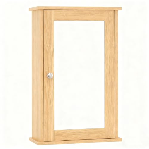 LIFEZEAL Armoire de Salle de Bain avec Miroir, Armoire Murale 34 x 15 x 53 CM en Bois, Meuble Murale à Miroir à 2 Niveaux avec 1 Porte (Naturel)