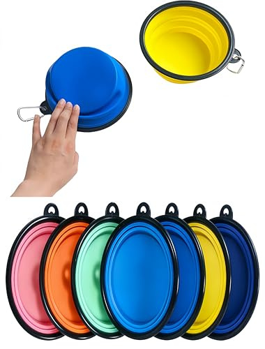 RQzaufania Lot de 2 gamelles pliables pour chien avec mousqueton - Bord moulé en une seule pièce - Empêche le pliage - Lot de 2 gamelles de voyage et d'eau pour chien (petit, bleu foncé et jaune).