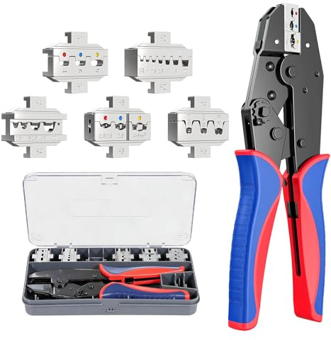 Viugreum 6-teiliges Crimpzange Set, Crimpzange Kabelschuhe für isolierte & nicht isolierte Kabelschuhe, Schrumpfschläuche, Aderendhülsen mit austauschbaren Backen ideal für Heimwerker und Profis