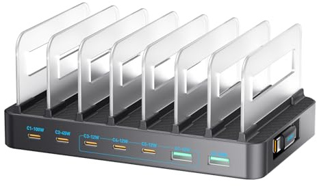 Jectse Chargeur de Bureau GaN 288 W 8 Ports, Station de Charge Rapide pour Ordinateurs Portables, Tablettes, Téléphones, avec Câbles Rétractables à Déflecteur Amovible, pour Les Voyages (Prise UE)