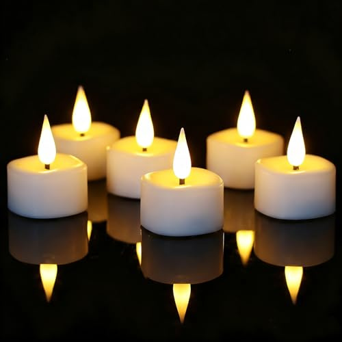 Eldnacele LED Teelichter mit Timer aus Echtwachs mit Wellenrand, 6er Set | Teelichter mit Timerfunktion, elektrische Teelichter, Teelichter LED, flackernde 3D-Flamme, Wellenrand, Weiß, inkl. 6 CR2032