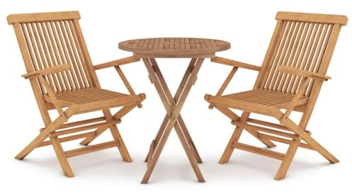 HETFTJN 3-TLG. Garten-Essgruppe aus Teak Holz 60 cm runder Tisch + 2 klappbare Stühle robust wetterfest platzsparendes Balkonset für kleine Balkone Terrasse Garten Outdoor Dining Lounge Set