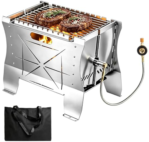 Bellanny Grill Gas - 26.5×21×38cm Mobiler Gasgrill Klein, Tragbarer Edelstahl Campinggrill | Gas & Holzkohlebetrieb - Faltbarer Campingkocher Propangas-Grills mini für Camping, Balkon, Garten, Outdoor