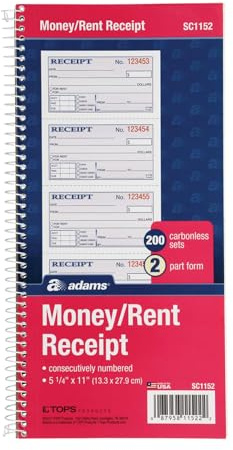 Adams Money and Rent Receipt Book, 2-Part Carbonless, 5-1/4 x 11, Spiral Bound, 200 Sets per Book, 4 Receipts per Page (SC1152)