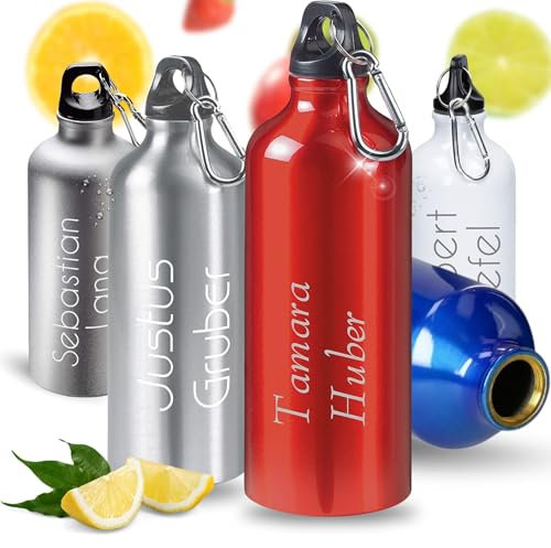 Uakeii Trinkflasche personalisiert 'Sporty' 0,6 L - auslaufsichere Wasserflasche Kinder & Erwachsene - personaliserte Geschenkidee - robuste Sportflasche mit Karabiner für Schule, Gym & Alltag (rot)