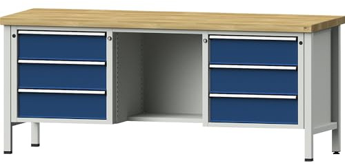 Werkbank, Gestellbauweise, 6 Schubladen, ½ Ablageboden, Buche massiv, Vollauszug.