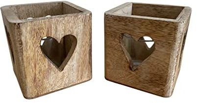 2 x Windlicht Teelicht Kerzenhalter aus Mangoholz mit Herz und Glas innen 9 x 9 x 9 cm Holz