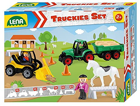 Lena 01632 - Truckies Set Bauernhof 13 teilig, Inhalt: Traktor mit Anhänger ca. 36 cm, Radlader ca. 21 cm, 3 Spielfiguren, 1 Pferd, 2 Baken & 5 Pylone, Nutzfahrzeuge & Figuren für Kinder ab 2 Jahren