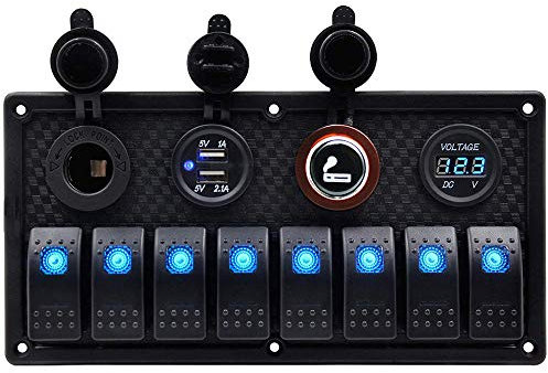 KAOLALI 12V/24V Schalter Panel Boot 8 Schaltern Kippschalter Panel Boote Zigarettenanzünder 12 V 3,1 A Doppel-USB-Ladegerät Blau Schalter für Wohnwagen,Boot,LKW,RV,KFZ