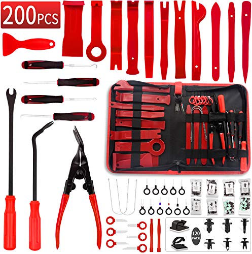 Wetado - Kit di rimozione automatica, 200 pezzi, kit di attrezzi per l'estrattore di finiture auto, pinze per clip automatiche, rimozione di fissaggio/rimozione terminali (rosso scuro-200 pezzi)