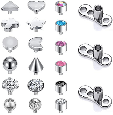 14G Chirurgischer Stahl Innengewinde Dermal Anchor Base, Mikrodermale Piercing für Frauen Männer, 14-19Pcs Cubic Zirconia Dermal Anchor Tops 2.5mm 3mm 4mm (E)