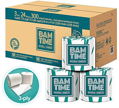 BAMTIME Lot de 24 rouleaux de papier toilette en bambou ultra doux à dissolution rapide sans danger pour les fosses septiques, 300 feuilles par rouleau de papier toilette matelassé pour famille,
