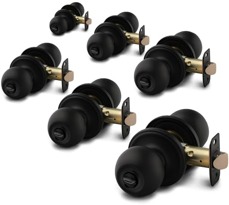 Copper Creek Matte Black Door Knobs - Round Colonial with Privacy Locking Function for Home Improvement - Interior Door Knobs Fits All Standard - Locking Door Knob for Bedroom & Bathroom - 6 Pack