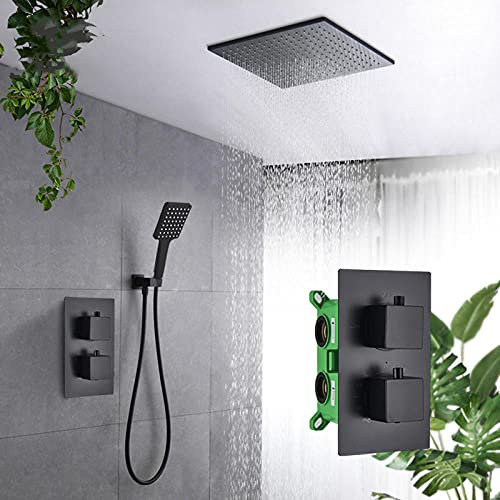 Huin Robinet de douche thermostatique noir mat de salle de bain-Plafond 16 pouces-2 voies