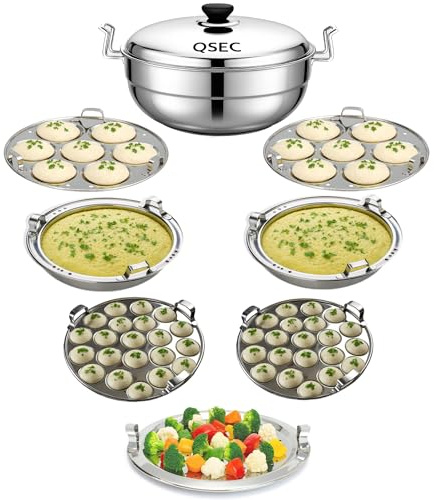 QSEC Stainless Steel Induction Base Multi Kadai Idli Steamer & Cooker With 7 Plates | 2 Mini Idli | 2 Dhokla | 1 Momo, 4 Liter