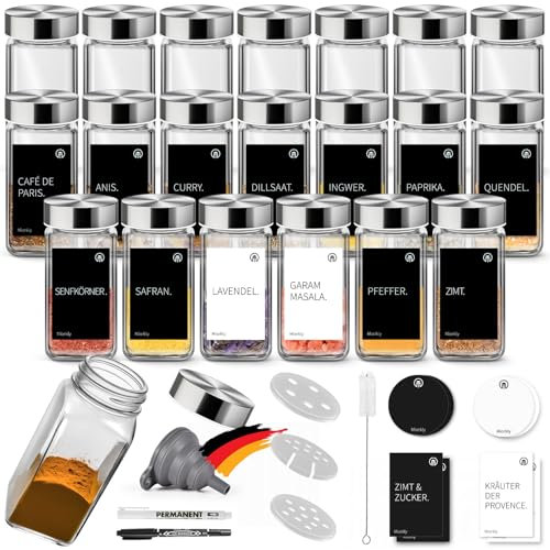 Miorkly Pot a Epices en Verre, Bouchon Inox Epices Bocaux Epices 120ML, 24 Epices Pots Rangement, Avec Etiquette Epices, Entonnoir, Stylo, Embout Multi-Type Sortie, Rangement Parfait Cuisine D'epices