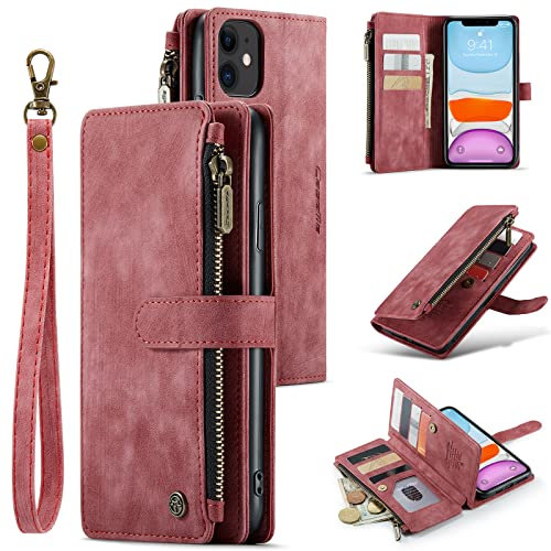 UEEBAI Wallet Case for iPhone 11 6.1 inch, Premium Handmade PU Leather Phone Case Card Slots Magnetic Closure Zipper Pocket Kickstand Flip Case with Hand Strap - Vintage Red