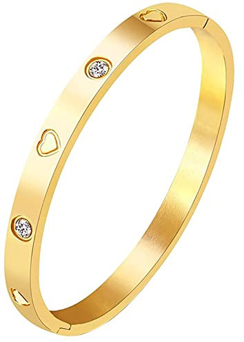 Gleamart Heart-Engraved Gold Love Bangle Bracelet with Cubic Zirconia Simple Style Bracelet Stainless Steel Crystal Oval Cuff Bangle for Women