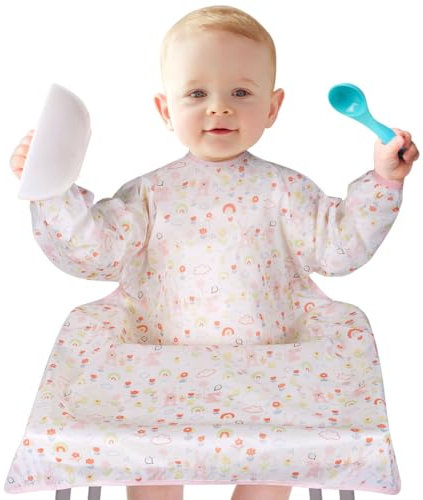 Vicloon Bavoirs D'alimentation pour bébé,Bavoir Manches Longues Bebe Bavoir TPU Imperméable Se Fixe à Votre Chaise Haute Chaises Hautes pour Mess-6 mois à 3 ans