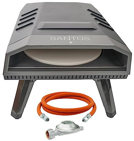 SANTOS Pizzaofen O-120 - inkl innovativem Pizza-Drehteller & U-Brenner - Pizzastein Ø30,5cm - 360° Bräunung - Gas-Pizzaofen - Pizza, Flammkuchen, Pita