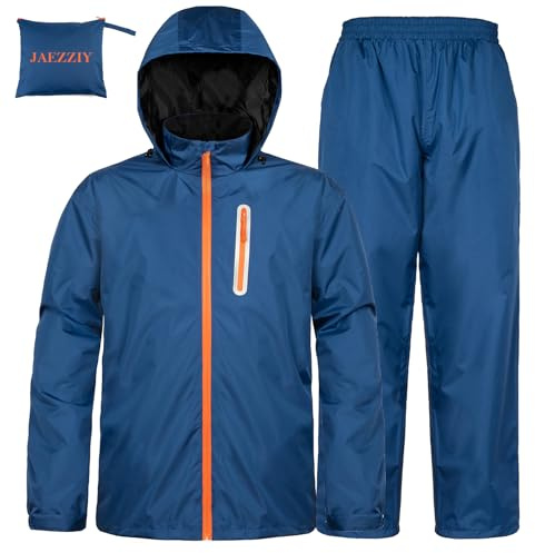 JAEZZIY Rain Suits for Men Women Waterproof Lightweight Hooded Breathable Rain Gear Raincoat for Fishing Hiking Cycling (Navy Blue 3XL)