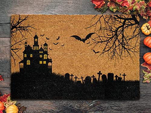 Ensound Happy Halloween The House on The Hill Door Mat,Welcome Halloween Front Door Mat,Bats Outdoor Mats Funny Doormat,Halloween Decor Mat 24x16 Inch