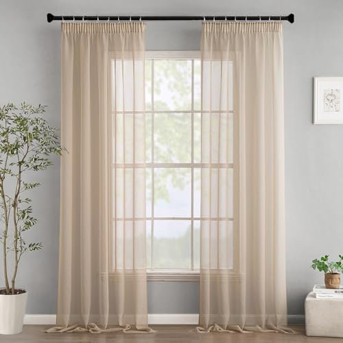 Woaboy Gardinen mit Kräuselband Voile Vorhänge Wohnzimmer Transparent Sheer Curtains Stores Gardine Schlafzimmer Modern Schlaufengardinen 2er Set 140x260cm (BxH) Beige