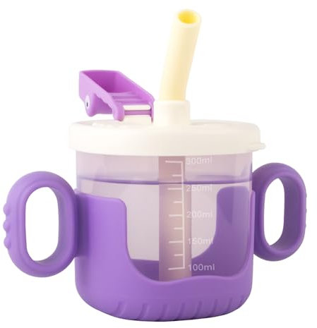 Nohlerlife Baby Training Cup with Lid, Straw, and Handles - Free-Flow, Transition Sippy, Open Cup - Spill-Proof, Leak-Proof Soft Silicone Spout 300ml (Purple)