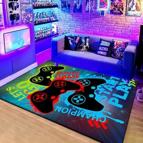 Gamer Rug Graffiti Gamepad Carpets for Bedrooms Teenager Boy Kids Men Gaming Anime Bed Rugs Bedroom Decorations Area Rugs Gaming Chair Mats Living Room Washable Non-Slip Rugs Pads (B,80x120 cm)