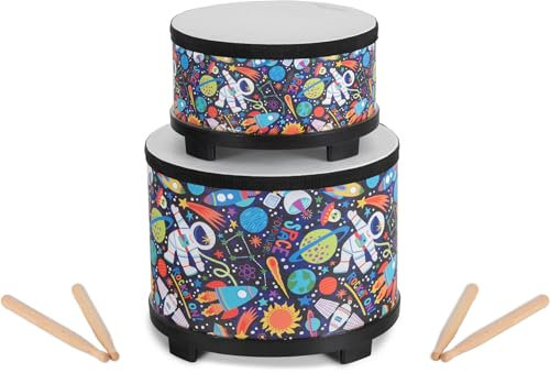 Classic Cantabile Kindertrommel Set Astronaut - Zwei Trommeln aus Holz - Mit witzigem Design - Ideal für Kinder ab 3 Jahren - Kinder-Trommeln mit 20 und 25 cm Durchmesser- Drumsticks aus Holz