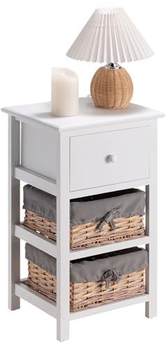 IDIMEX Nachttisch PORTEL in weiß, Nachtkommode mit 1 Schublade und 2 Körben für Stauraum, Beistelltisch im Landhausstil aus Paulownia-Holz