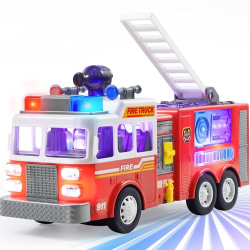 JOYIN Toddler Fire Engine Truck Toy Age 2+ for Kid Age 3 4 5 6 7 8, LED Projections & Sirens, Realistic Buttons with Mode Switch & Volume Control, Bump and Go Fire Engine Trucks