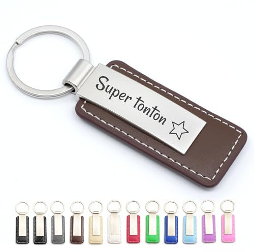 Porte-clés personnalisé en cuir et métal - Idée cadeau homme femme ou couple, cadeau personnalisé porte clé marraine parrain, cadeau père, mère (Marron - Avec personnalisation)