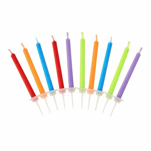 Cake Candles for Happy Birthday Party Bridal Shower Anniversary Cup Cakes Decoration Small Colorful Flame Candles with Plastic Candle Holders Flames (10pk with Clip Strip)