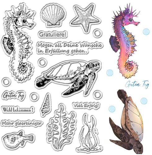 craspire Meerestiere Klare Stempel Deutsches Segenswort Seepferdchen Schildkrötenpanzer Seestern Wiederverwendbarer Poststempel Transparente Silikonstempelsiegel Für Die Tagebuchkartenherstellung