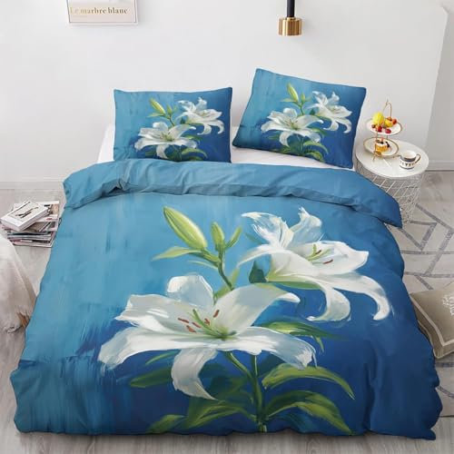 SUWALI Housse de Couette 200x200 Lys, Parure de Lit Fleurie 2 Personnes avec Fermeture Éclair, Microfibre Imprimée Réversible Sets avec 2 Taies d'oreiller 65 x 65 cm