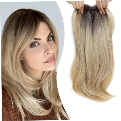 Hair Topper for Thinning Hair Women Real Side Parted Topper with Bangs, 360° Cover for Women Human Clip in Extensions Mix Blonde for Daily Wear (Gradient Gold)