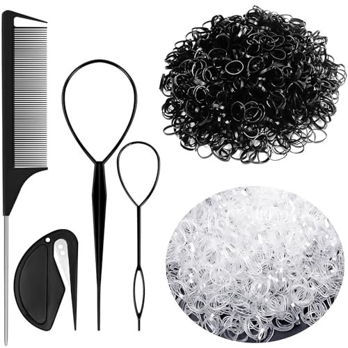 Sularpek Elastici Capelli, 2000 Pezzi Elastici Piccoli per Capelli, 2 Pcs Strumento per Treccia per La Coda, 1 pcs Tagliaelastico, 1 Pcs Pettine Capelli, per Treccine, Acconciature Sposa