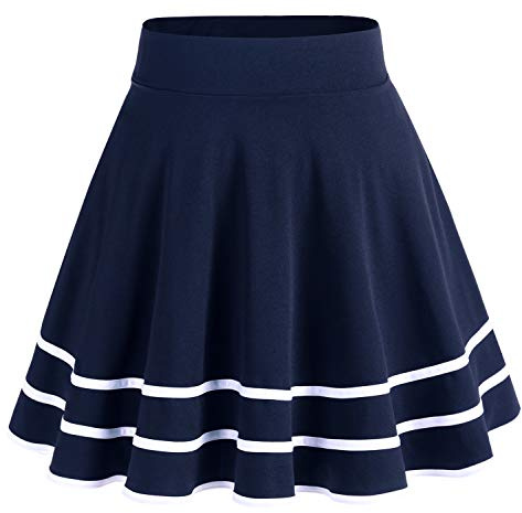 HomRain Women Basic Midi Skirt A-Line Skater Skirt Stretchy Flowy Skirt High Waist Skirt Navy-White M
