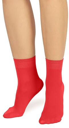 LORES Women’s Microfiber Opaque Tight Socks Crew Length 60 Denier Anti-pressure Band Ankle High Hosiery, Red