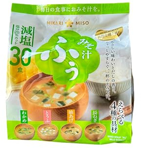 Hikari Miso Zuppa Miso Istantanea Giapponese, 4 Sapori, Confezione da 30 Zuppe Miso (Alghe Wakame, Cipolle Verdi, Tofu, Tofu Fritto), Contenuto di Sale ridotto del 25%