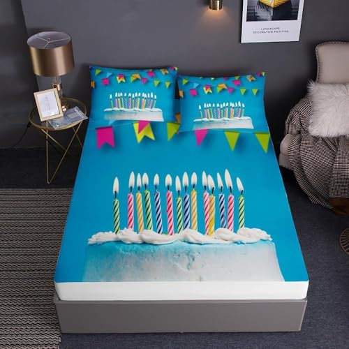 3D Spannbettlaken 90x200 cm Alles Gute Zum Geburtstag Weiches Mikrofaser Bettlaken Spannbetttuch für Kinder, Kuchen Bettlaken - Tiefe Tasche 30 cm Mit 1 Kissenbezügen M1627