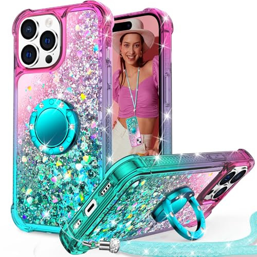 Unlicaku for iPhone 14 Pro Case, with Ring Women Girls Bling Holographic Sparkle Glitter Cute Cover, Diamond Ring Protective Phone Case for iPhone 14 Pro, Green