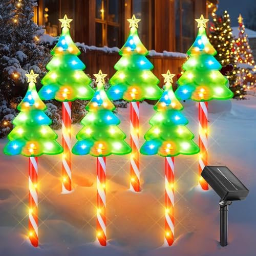 GEARLITE Christmas Decorations 6 Pack, Waterproof Xmas Tree Lights 65CM Tall, Solar and USB Rechargeable Christmas Tree Lights with 102 LED, 10 Modes Outdoor Christmas Lights for Pathway Yard Garden