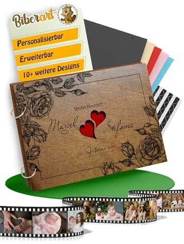 Personalisiertes Hochzeitsalbum mit Ösen I Gästebuch I Fotoalbum zum Selbstgestalten I Leeres Buch aus Holz I 40 DIN A4 schwarzen blanko Seiten I Wedding - Erinnerungsbuch I Zwei Herzen I Dunkel