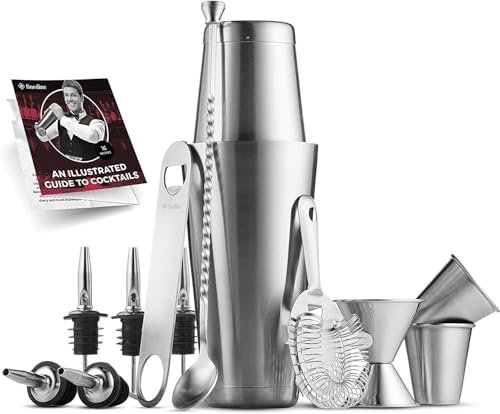 Expert Cocktail Shaker Home Bar Set - 14 Piece Stainless Steel Bar Tools Kit with Shaking Tins, Flat Bottle Opener, Double Bar Jigger, Hawthorne Strainer, Shot Glasses, Bar Spoon, and 6 Pour Spouts