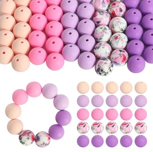 15mm Silicone Beads for Keychain Making, 50Pcs Bulk Purple Pink Silicone Beads, DIY Keyring Supplies Round Beads for Jewelry Bracelets Crafts(5 Colors)