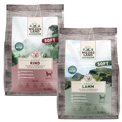 Wildes Land Soft Adult 2 x 1,5kg | Multipack mit 1x Rind & 1x Lamm | Mit Wildkräutern und Ölen | Glutenfrei & leicht verdaulich | Weiche Kroketten